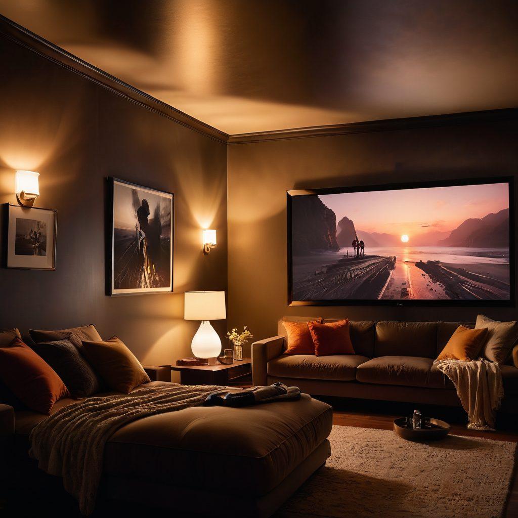 A warm, inviting room adorned with soft lighting and plush cushions, featuring a modern projector casting abstract, vibrant silhouettes of couples sharing intimate moments. Subtle hints of classic film reels and modern digital screens imply the mix of tradition and innovation in adult films. Emphasize comfort, connection, and exploration. subtle textures, moody lighting. super-realistic.